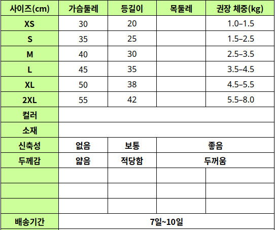 PET024 size table