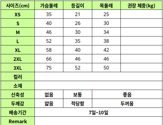 PET026 size table